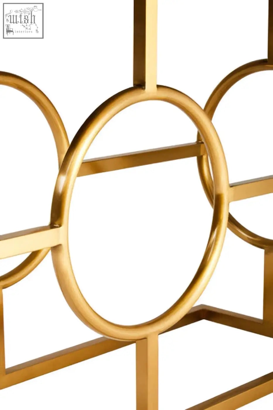 Gold-toned metal frame with interconnected circles and rectangles on jarloi console table design detail