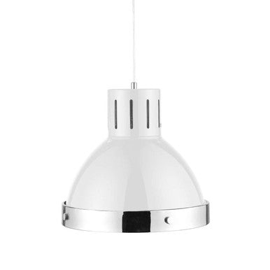 Jasper white and chrome pendant light with industrial design and vertical slits on the top housing