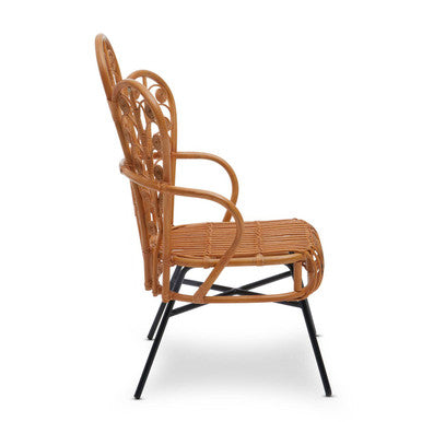 Java natural rattan scalloped back chair with woven light brown frame and black metal legs for stylish seating
