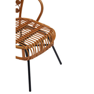 Java natural rattan scalloped back chair with woven natural rattan seat and back and black metal legs
