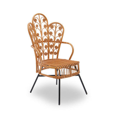 A light brown java natural rattan scalloped back chair with black metal legs perfect for cozy seating