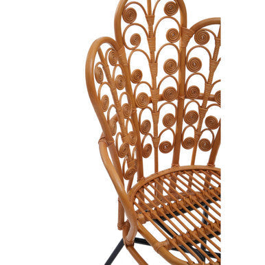This java natural rattan scalloped back chair features a light brown woven seat and ornate curved peacock design