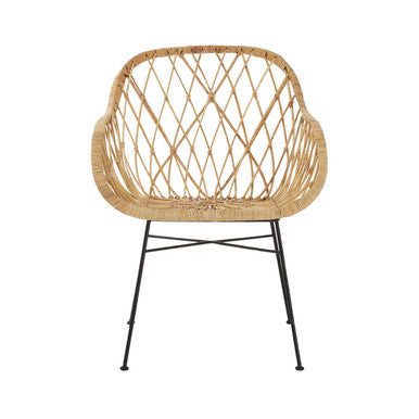 Java rattan chair with woven diamond pattern back and black metal legs perfect for modern seating spaces