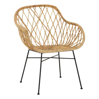 Java rattan chair featuring a woven rattan seat with a sleek black metal frame for stylish indoor or outdoor use