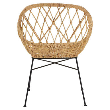 Java rattan chair with diamond-patterned woven rattan back and black metal legs for stylish seating