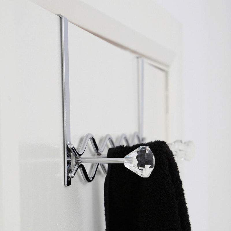 Jaxen chrome over door hanger with five diamante hooks features a clear crystal knob towel rack and chrome frame on white door