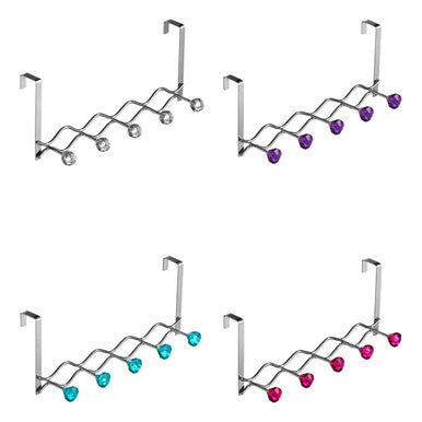 Jaxen chrome over door hanger with five diamante hooks features a zigzag metal frame and colorful heart-shaped beads