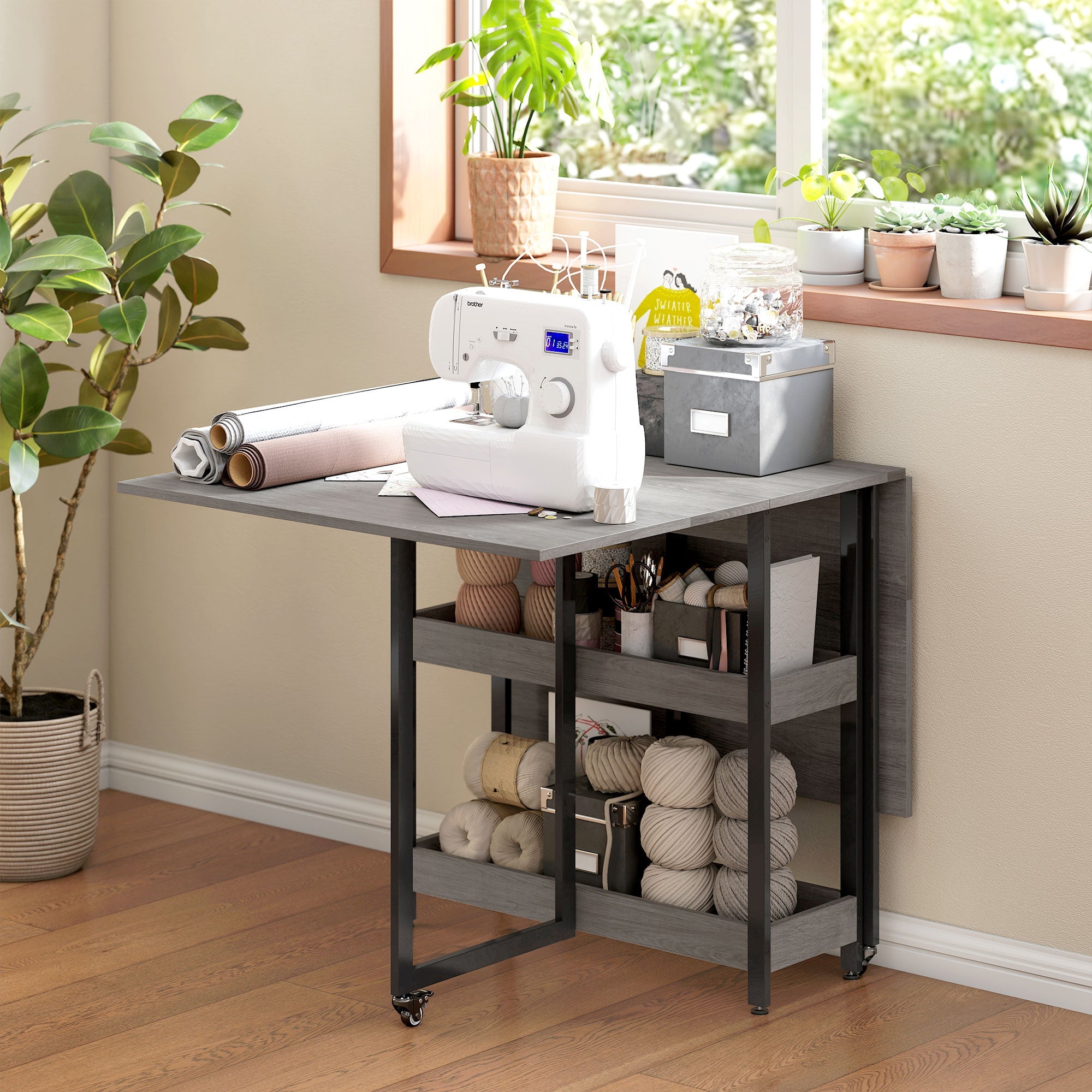 HOMCOM Industrial Folding Dining Table, Drop Leaf Table with Open Compartments for Small Spaces, Kitchen, Dining Room, Grey