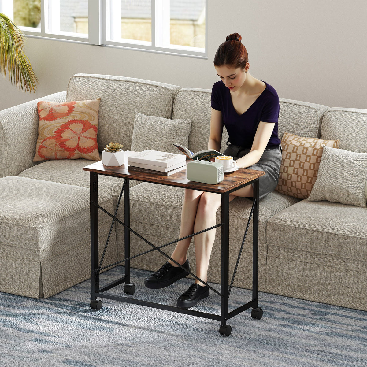 HOMCOM 80 cm Folding Desk on Wheels - Rustic Brown