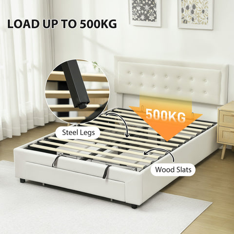 HOMCOM Double Ottoman Bed Frame, with Front Drawer - Cream