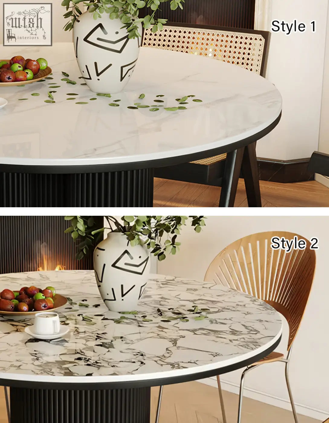 Jean round dining table with white marble-patterned top and black ribbed pedestal base perfect for round dining