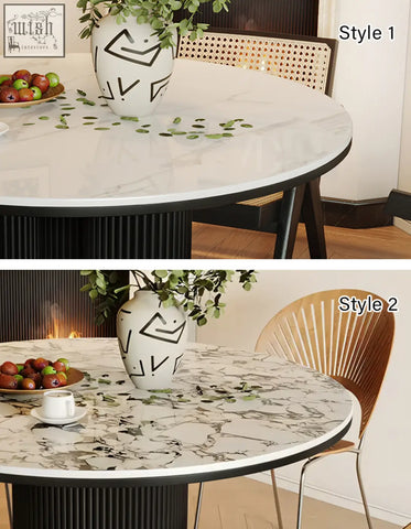 Jean round dining table with white marble-patterned top and black ribbed pedestal base perfect for round dining