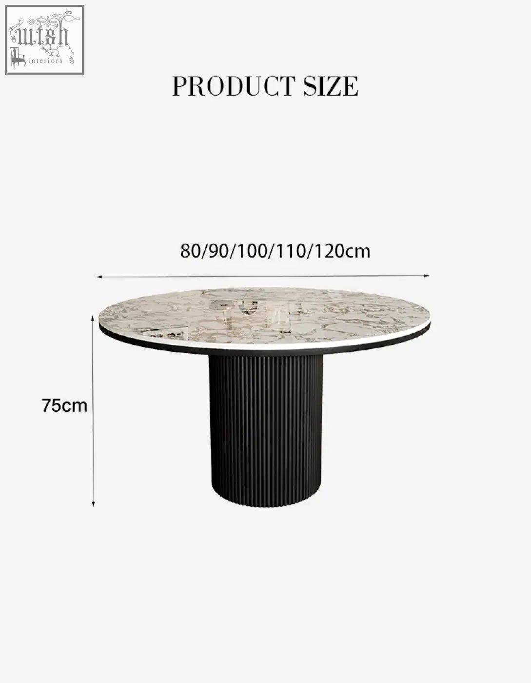 Jean round dining table with white marble top and black ribbed pedestal base perfect for modern round dining spaces