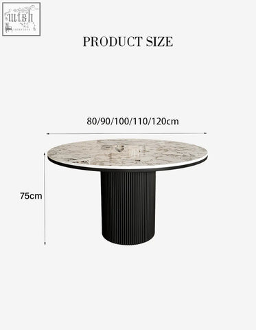 Jean round dining table with white marble top and black ribbed pedestal base perfect for modern round dining spaces
