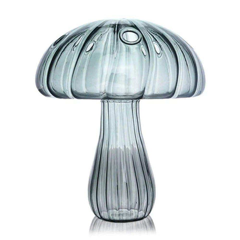 Translucent gray glass jelly mushroom vase with vertical ribbed texture and rounded cap with circular indentations