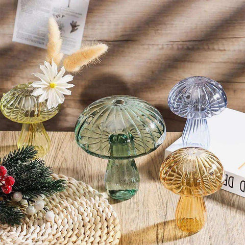 Clear glass jelly mushroom vases in green yellow and blue with ribbed texture perfect for home decor mushroom vase