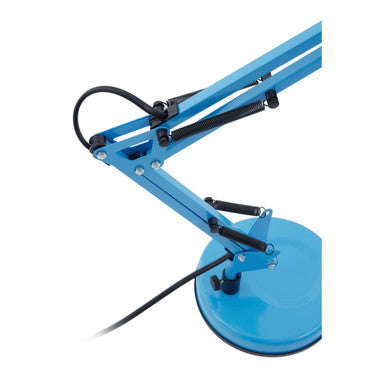 Jenna blue metal desk lamp with adjustable articulated arm and circular base in blue metal finish