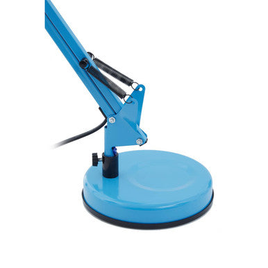 Blue metal desk lamp with adjustable arm and circular base perfect for any workspace or study area