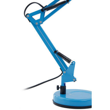Jenna blue metal desk lamp with adjustable arm and circular base perfect for brightening up your workspace