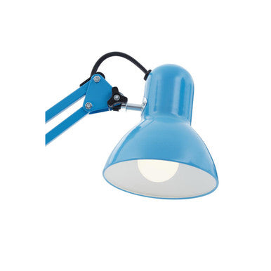 Blue metal desk lamp with matte finish and black flexible arm perfect for stylish workspace lighting