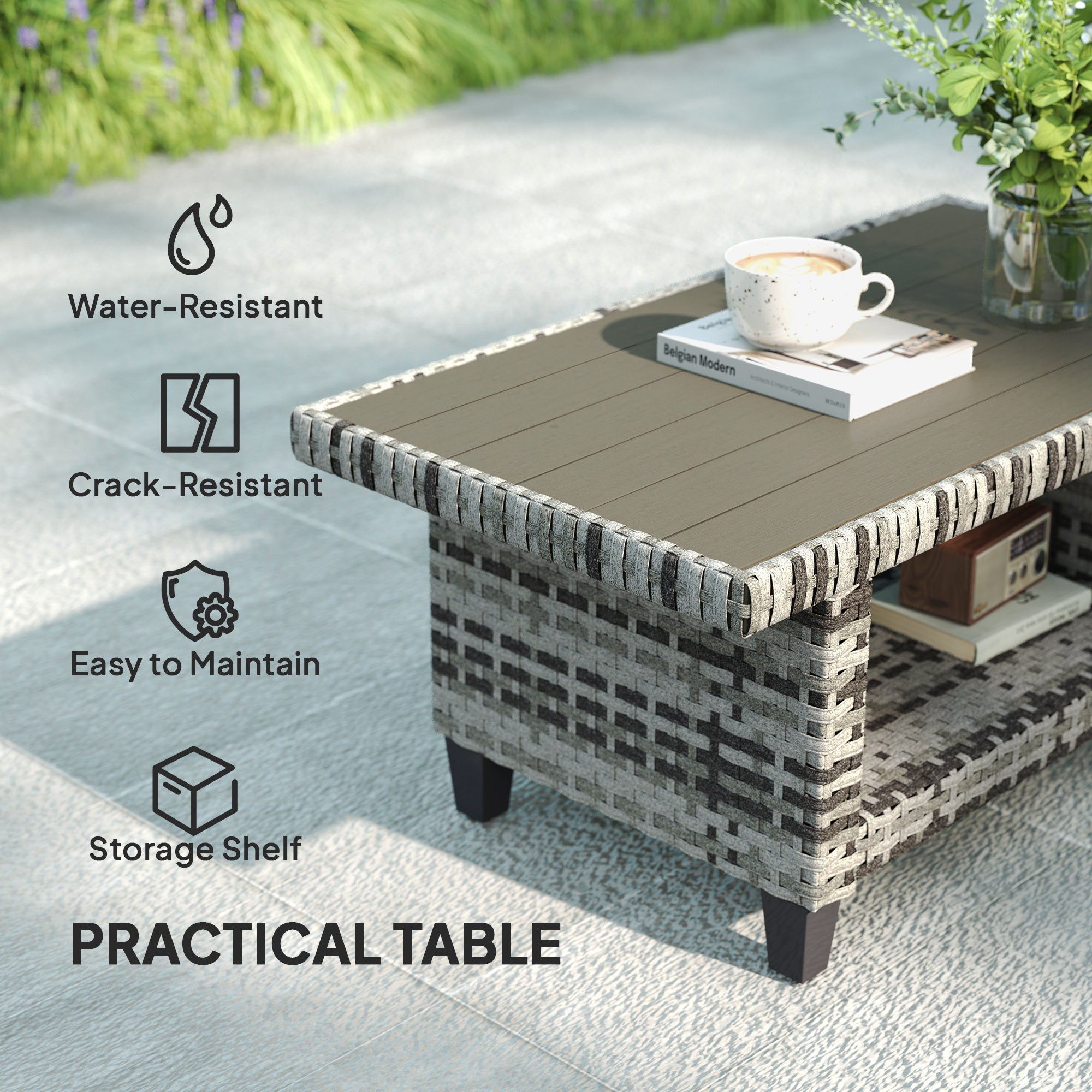 Outsunny 6 Pieces Rattan Garden Furniture Set, 5 Seater Wicker Outdoor Furniture Set with 2 Armchairs, Steel Frame Coffee Table and Cushions for Balcony, Porch, Light Grey