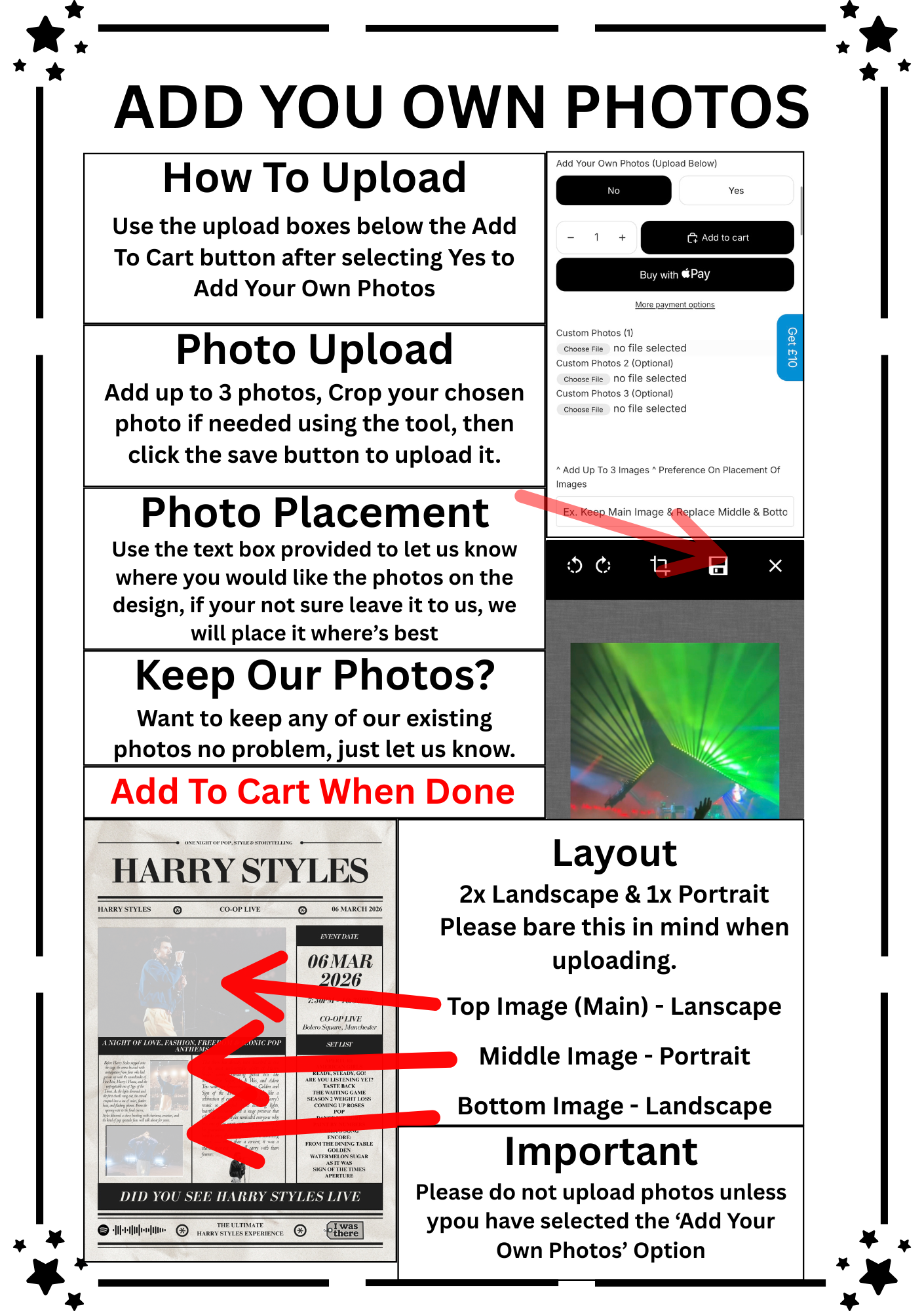 Black-and-white jessie j personalised concert newspaper poster upload guide with layout tips and green laser example image