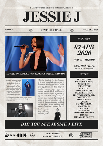 Jessie j personalised concert newspaper poster for her april 7 2026 show at symphony hall birmingham