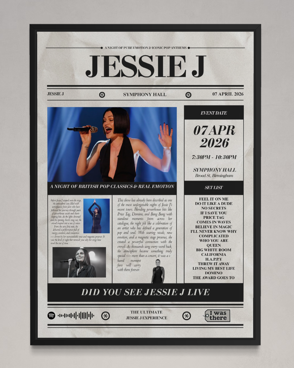 Black-framed jessie j personalised newspaper style concert poster for symphony hall april 7 2026 event