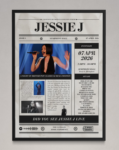 Black-framed jessie j personalised newspaper style concert poster for symphony hall april 7 2026 event