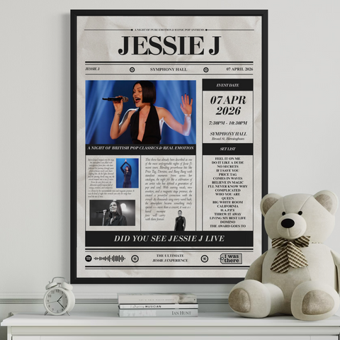 Black and white framed jessie j personalised concert newspaper poster for symphony hall april 7 2026