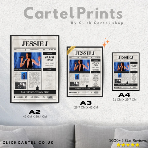 Jessie j personalised black and white concert newspaper poster prints available in a2 a3 and a4 sizes