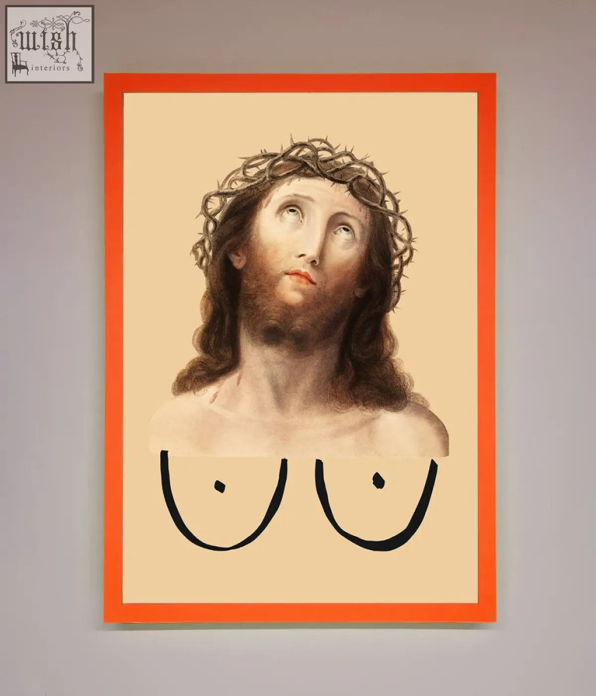 A jesus breasts framed poster featuring a classical portrait of christ with stylized black breasts on off-white background