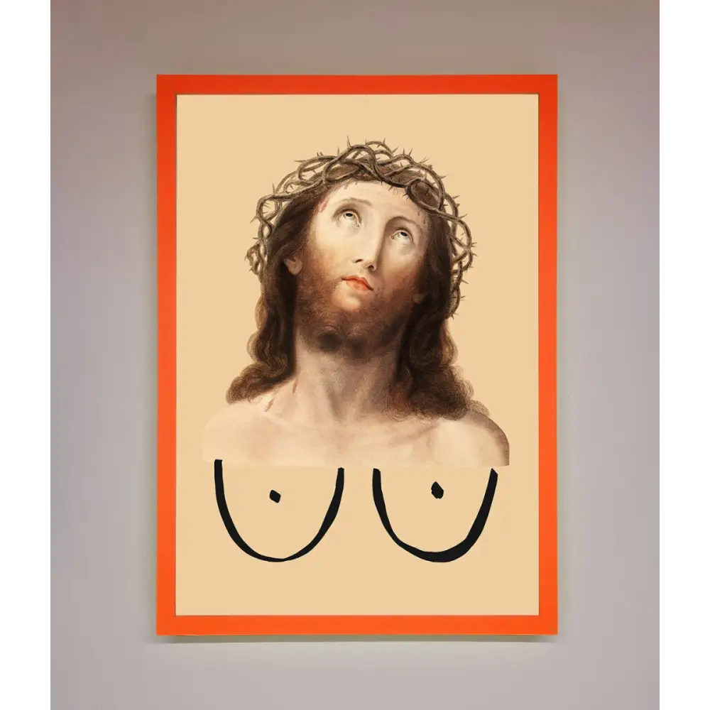 Jesus Breasts Framed Poster - A3 (29.7 x 42 cm) / Neon Orange - Framed Print