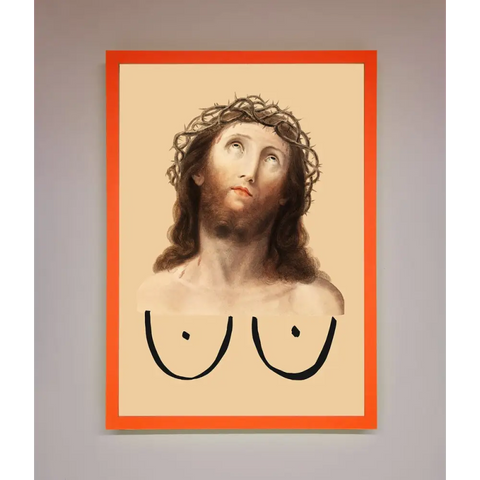 Jesus Breasts Framed Poster - A3 (29.7 x 42 cm) / Neon Orange - Framed Print