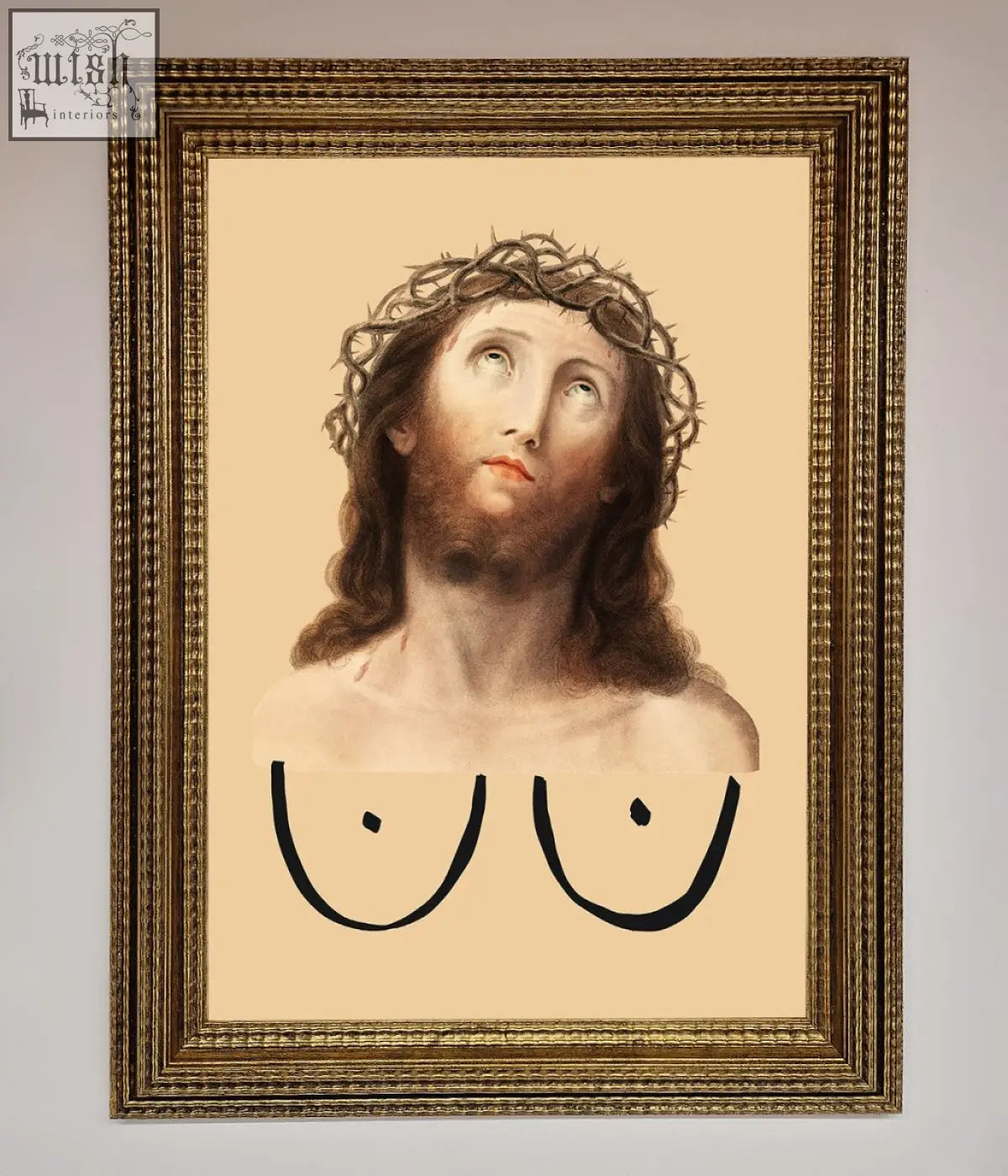 A jesus breasts framed poster showing a classical portrait with a crown of thorns and black abstract breasts
