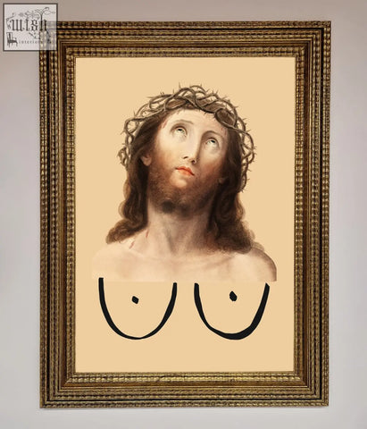 A jesus breasts framed poster showing a classical portrait with a crown of thorns and black abstract breasts