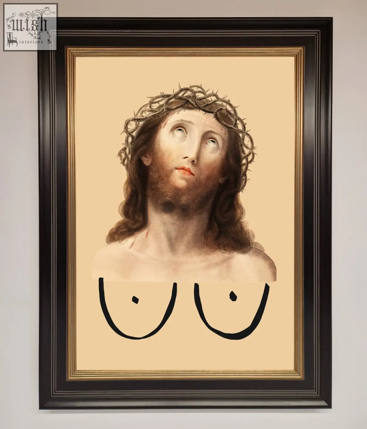 A jesus breasts framed poster featuring a classical portrait of christ with black outlined breasts on off white background