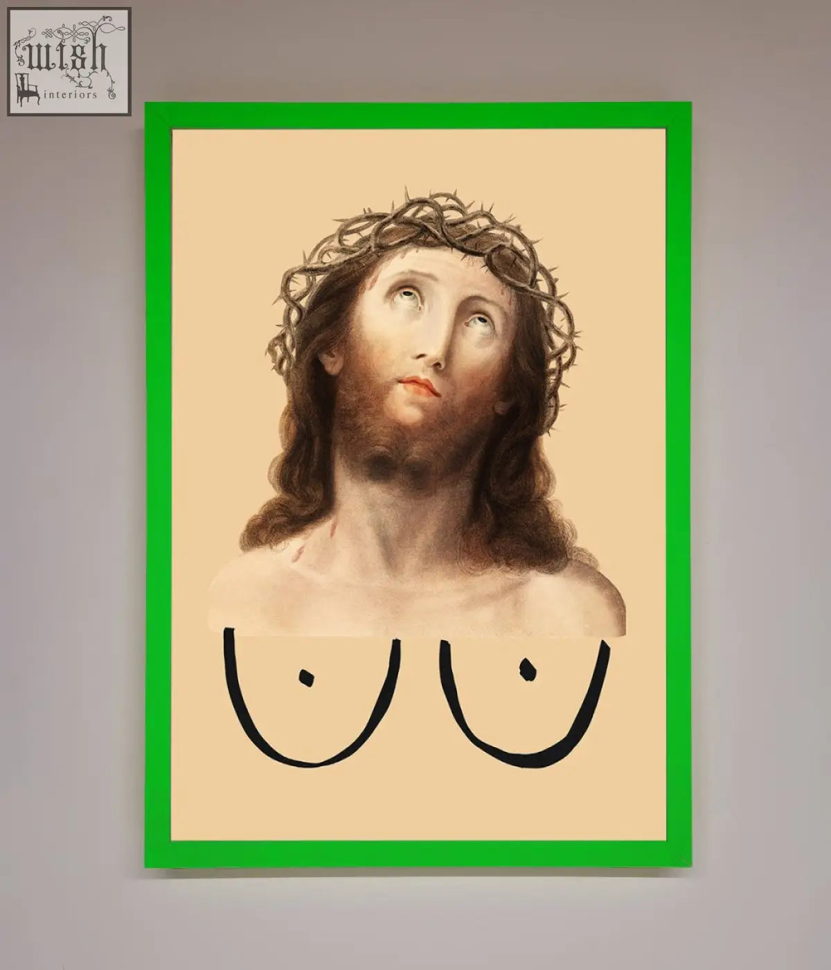 A jesus breasts framed poster showing a classical portrait of jesus with a crown of thorns in soft earth tones