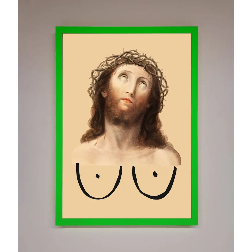 Jesus Breasts Framed Poster - B0 (100 x 141 cm) / Neon Dark Green - Framed Print