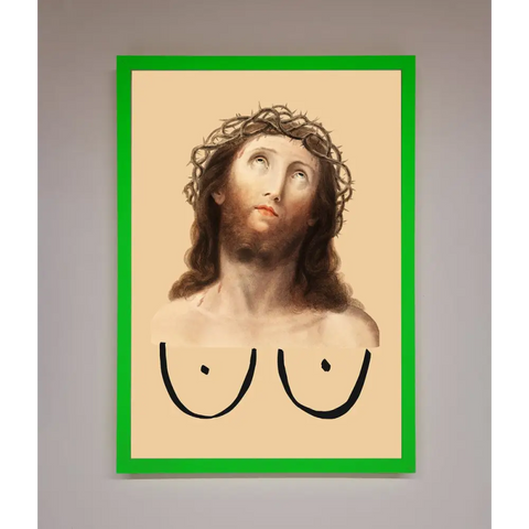 Jesus Breasts Framed Poster - B0 (100 x 141 cm) / Neon Dark Green - Framed Print