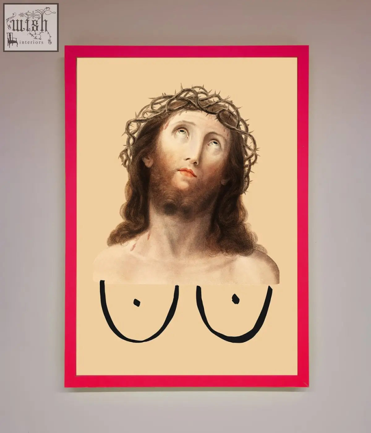 A jesus breasts framed poster featuring a classical portrait with crown of thorns in soft earth tones and black outlines