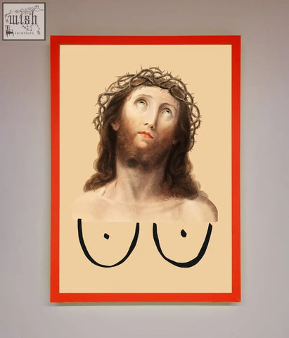 A jesus breasts framed poster featuring a classical portrait of christ with a crown of thorns above minimalist black breasts outlines
