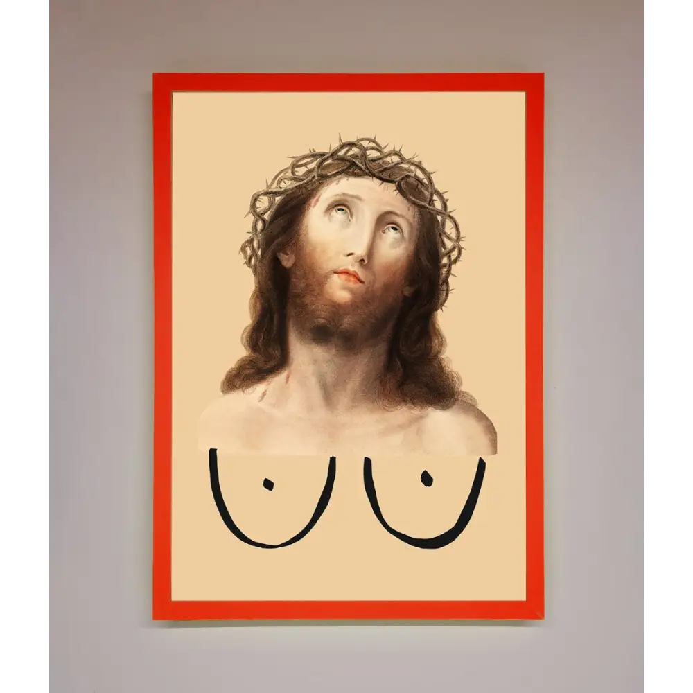 Jesus Breasts Framed Poster - B0 (100 x 141 cm) / Neon Red - Framed Print