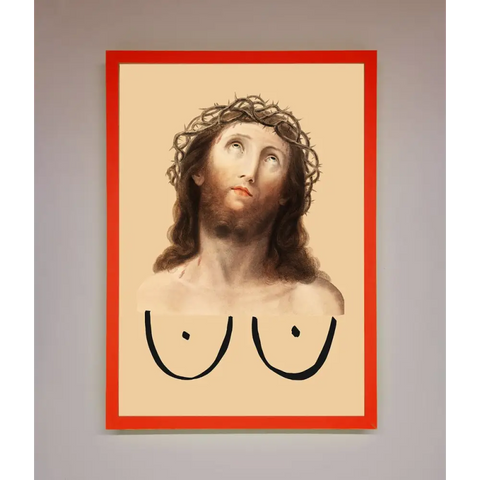 Jesus Breasts Framed Poster - B0 (100 x 141 cm) / Neon Red - Framed Print