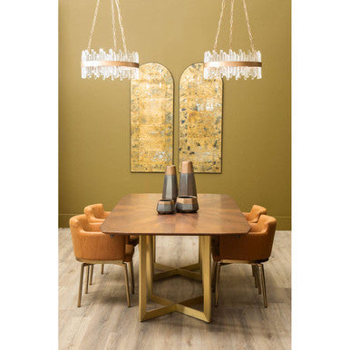 Jet large metallic planter with a sleek rectangular wooden top and gold-toned metal base dining table design