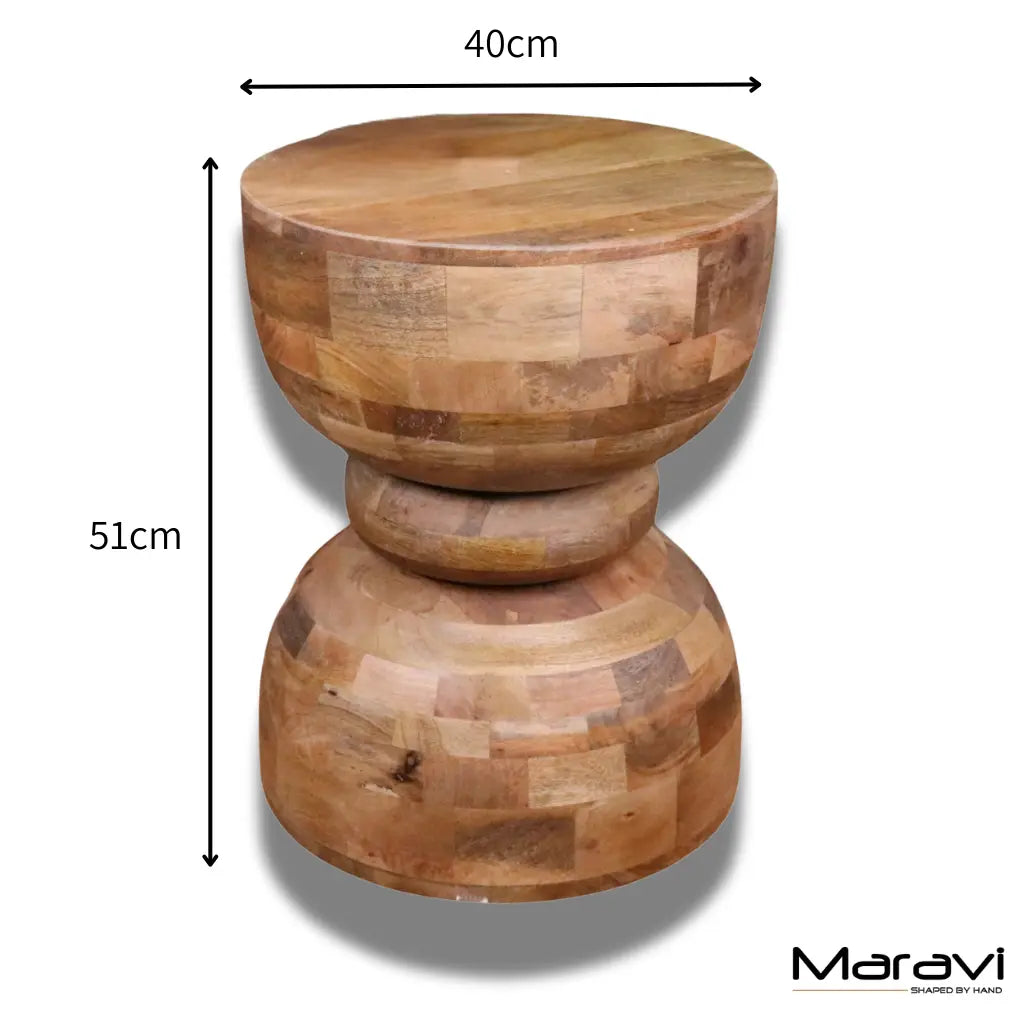 Handcrafted jivana mango wood side table with patchwork light to medium brown reclaimed wood and stacked circular tiers