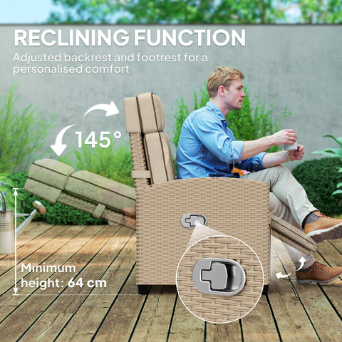 Outsunny Rattan Garden Recliner Chair, Adjustable Backrest Reclining Rattan Chair with Flip Table, Cushion and Footrest, Indoor Outdoor Lounge Reclining Sun Lounger for Patio, Yellow/Beige