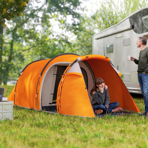 Outsunny 2-3 Man Tunnel Tents w/ Vestibule Camping Tent Porch Air Vents Weather-Resistant Shelter, Orange