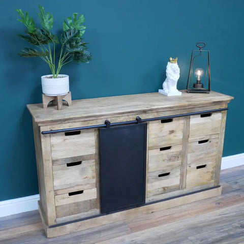 Jodhpur loft industrial sideboard cabinet in mango wood with black metal sliding door and multiple drawers