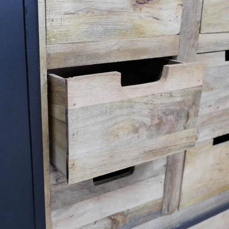 Reclaimed wood drawer with rustic weathered finish and natural grain patterns in jodhpur loft industrial sideboard cabinet mango wood
